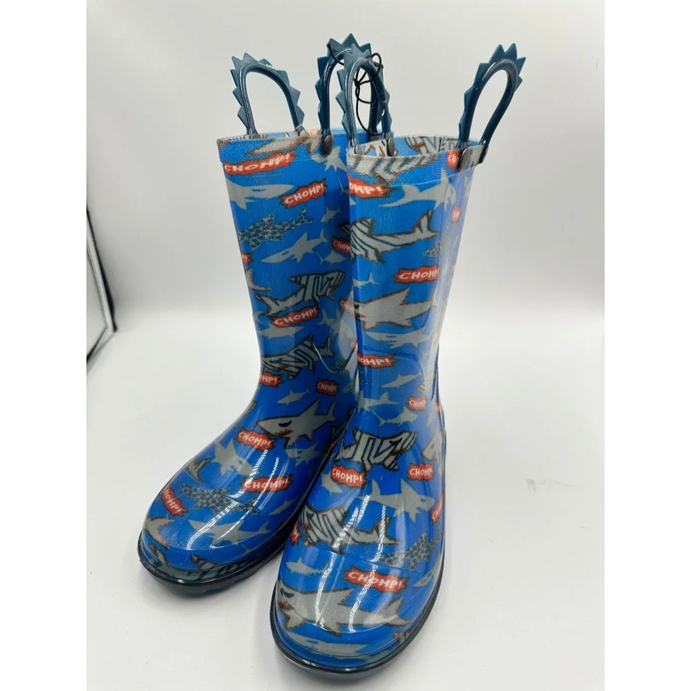 Members Mark Boys Shark Rain Boots Blue Chomp Waterproof Rubber Size 13/1